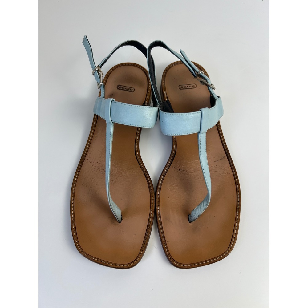 Coach Dora Boho Light Blue Leather T Strap Thong Sandals Womens 8B Made in Italy